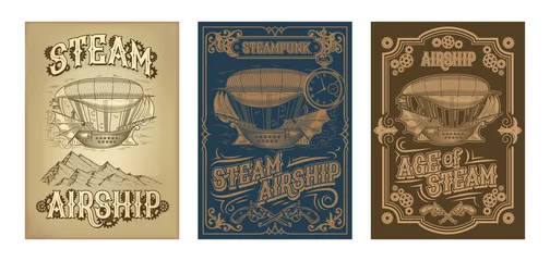 Poster Set vector steampunk posters, illustrations of a fantastic wooden flying ship in the style of engraving with decorative frame of gears and pistols. Template, design element © vectorpocket