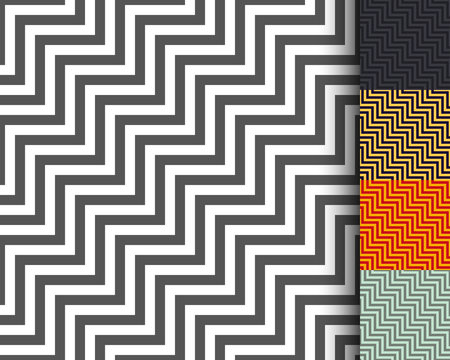 Diagonal zigzag.  Seamless vector background. Classic geometric pattern of steps. Five color options. Identical intervals between lines of different colors.