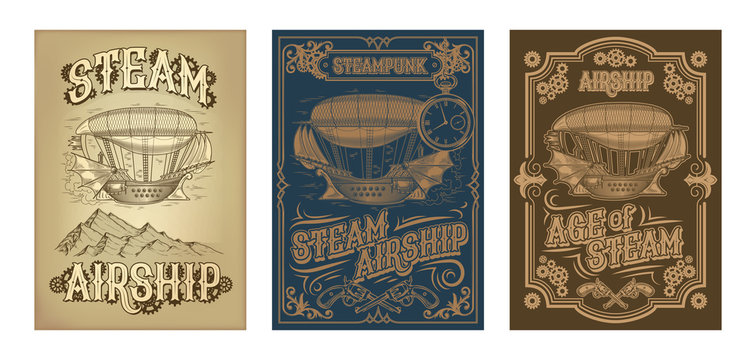 Fototapeta Set vector steampunk posters, illustrations of a fantastic wooden flying ship in the style of engraving with decorative frame of gears and pistols. Template, design element