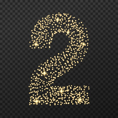 Gold glittering number two . Vector shining golden font figure lettering of sparkles on transparent background.