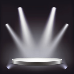 Stage, empty round podium illuminated by white beams spotlights, projectors, vector realistic isolated on black background. Transparent light effect design element for theater, studio, awards ceremony