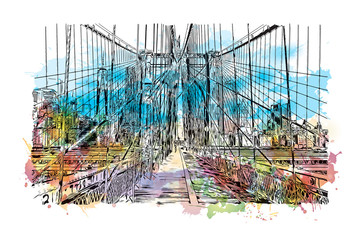 Watercolor splash with hand drawn sketch of New York, USA in vector illustration.