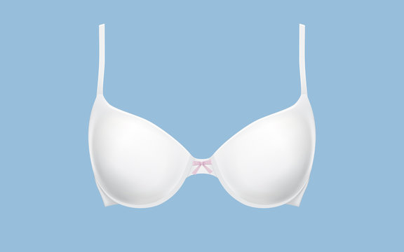 White bra, female lingerie, realistic vector illustration isolated on blue background, front view. Element of womens underwear, modern female demi bra