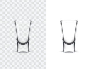 Realistic shot glasses for alcoholic drinks, vector illustration isolated on white and transparent background. Mock up, template of strong alcohol shots, such as vodka, tequila