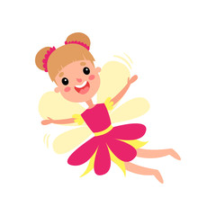Cute happy fairy in pink dress with wings flying cartoon vector Illustration