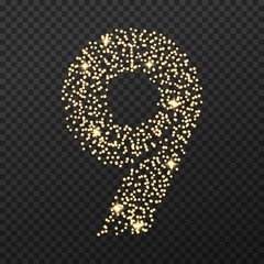 Gold glittering number nine . Vector shining golden font figure lettering of sparkles on transparent background.