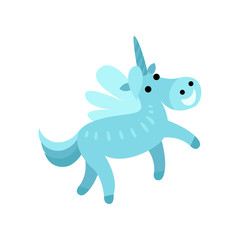 Blue fairytale unicorn with a rainbow mane cartoon vector Illustration