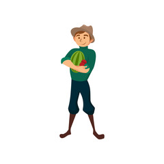Fototapeta premium Male farmer with watermelon, gardener at work cartoon vector Illustration