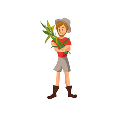 Male farmer harvesting crop cartoon vector Illustration, gardener at work cartoon vector Illustration