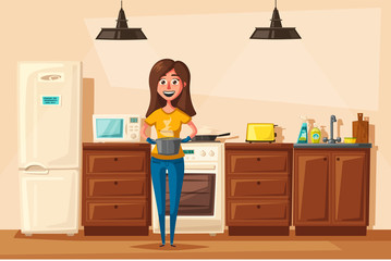Fototapeta premium Kitchen interior with furniture. Cartoon vector illustration