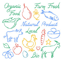 Set of hand drawn farm food icons and lettering