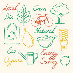 Set of eco icons and lettering in sketch style