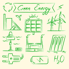 Set of renewable energy hand drawn icons