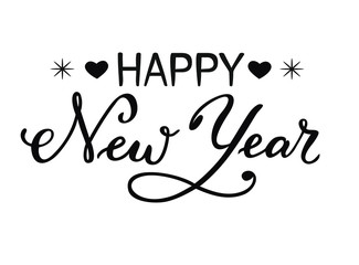 Hand drawn brush calligraphy lettering of Happy New Year isolated on a white background with hearts and snowflakes as decoration for poster, banner, postcard, greeting card or sticker