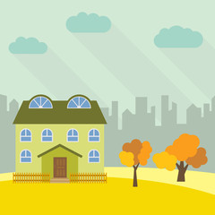 Lone two-storey house in a field with an yellow tree. Vector illustration.
