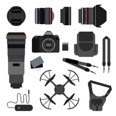 Photo equipment set flat vector illustration.