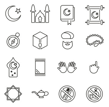 Islamic Religion & Culture Icons Thin Line Vector Illustration Set