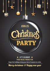 Fototapeta na wymiar Merry christmas party and ball on dark background invitation theme concept. Happy holiday greeting banner and card design template.