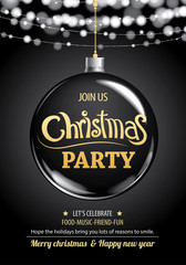 Naklejka na ściany i meble Merry christmas party ball and light on dark background invitation theme concept. Happy holiday greeting banner and card design template.