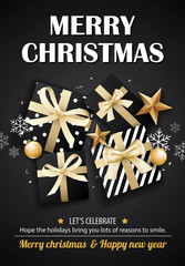 Fototapeta na wymiar Merry christmas party and gift box on black background invitation theme concept. Happy holiday greeting banner and card design template.
