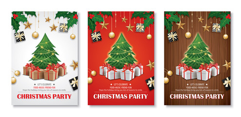 Invitation merry christmas party poster banner and card design template. Happy holiday and new year tree and gift boxes theme concept..