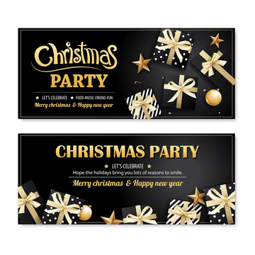 Invitation merry christmas party poster banner and card design template on black background. Happy holiday and new year with gift boxes theme concept.