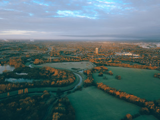 aerial drone view of countryside 