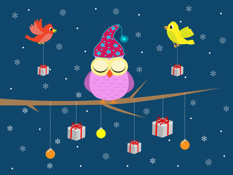 Cute Christmas owl sleeping in a tree with birds