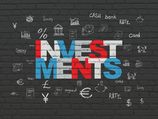 Money concept: Painted multicolor text Investments on Black Brick wall background with  Hand Drawn Finance Icons