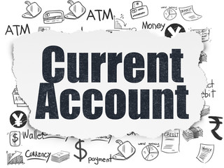 Currency concept: Painted black text Current Account on Torn Paper background with  Hand Drawn Finance Icons