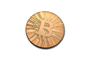 Fototapeta na wymiar Golden bitcoin coin front side isolated on white background. Face of the crypto currency