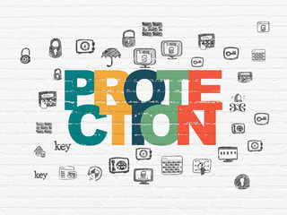 Protection concept: Painted multicolor text Protection on White Brick wall background with  Hand Drawn Security Icons