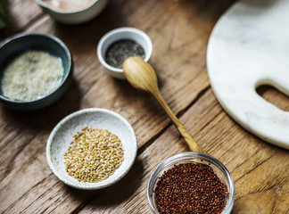 Various cooking seeds on wooden table