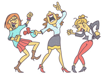 Group of women partying, funny vector cartoon isolated on white background