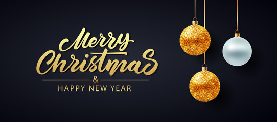 Golden Christmas balls on dark background. Vector illustration