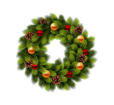 Christmas wreath with balls on white background. Vector Illustration