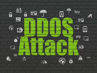 Privacy concept: Painted green text DDOS Attack on Black Brick wall background with  Hand Drawn Security Icons