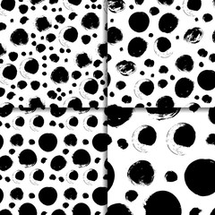 Vector seamless pattern set with circles brush strokes. Black and white doodle. Four Grunge Abstract hand drawn illustrations.