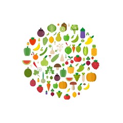 Isolated vegetables fruits, vegetables, organic. Flat vector illustration