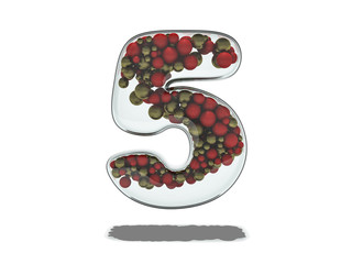 Glass Number With Red and Gold Spheres. 3D rendering