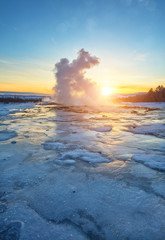 Famous Geysir in Iceland in beautiful sunset light