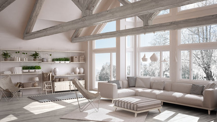 Living room of luxury eco house, parquet floor and wooden roof trusses, panoramic window on winter meadow, modern white interior design - obrazy, fototapety, plakaty