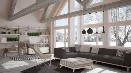 Fototapeta na wymiar Living room of luxury eco house, parquet floor and wooden roof trusses, panoramic window on winter meadow, modern white and gray interior design