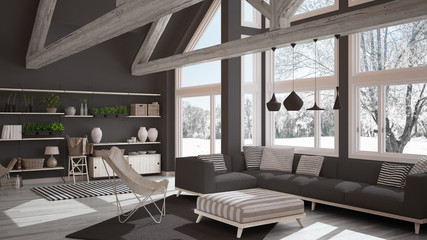 Fototapeta na wymiar Living room of luxury eco house, parquet floor and wooden roof trusses, panoramic window on winter meadow, modern white and gray interior design