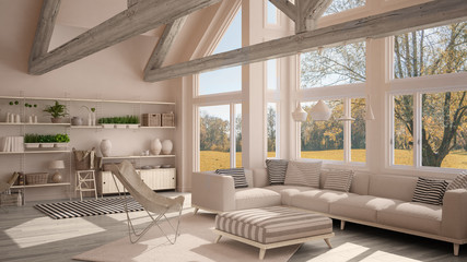 Living room of luxury eco house, parquet floor and wooden roof trusses, panoramic window on autumn meadow, modern white interior design