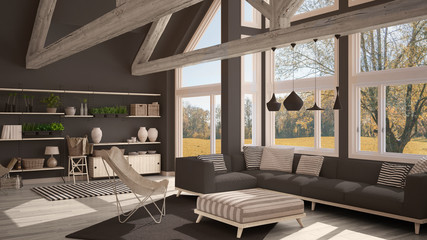 Living room of luxury eco house, parquet floor and wooden roof trusses, panoramic window on autumn meadow, modern white and gray interior design