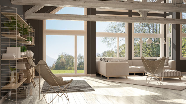 Living room of luxury eco house, parquet floor and wooden roof trusses, panoramic window on summer spring meadow, modern white and gray interior design