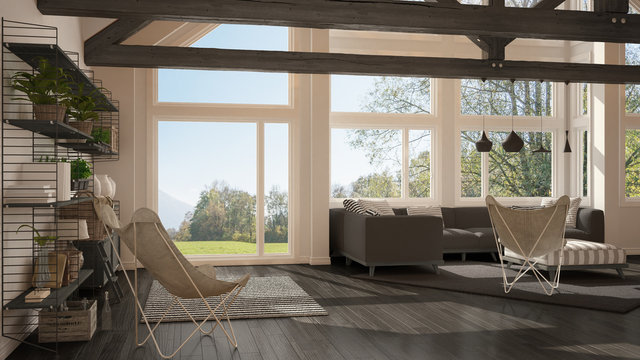 Living room of luxury eco house, parquet floor and wooden roof trusses, panoramic window on summer spring meadow, modern white and gray interior design