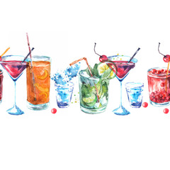 Seamless linear pattern with a pattern -  Alcohol cocktail, whiskey, juice, mojito, water splash. Illustration on white background for your design.