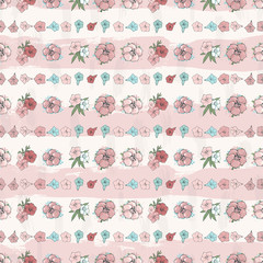 Vector seamless pattern. Small flowers on a background with stripes. Floral wallpaper. Hand drawn fashion illustration.